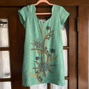 Stunning Custom Vintage Brocade Beaded Embellished Aqua Gold Tunic Top